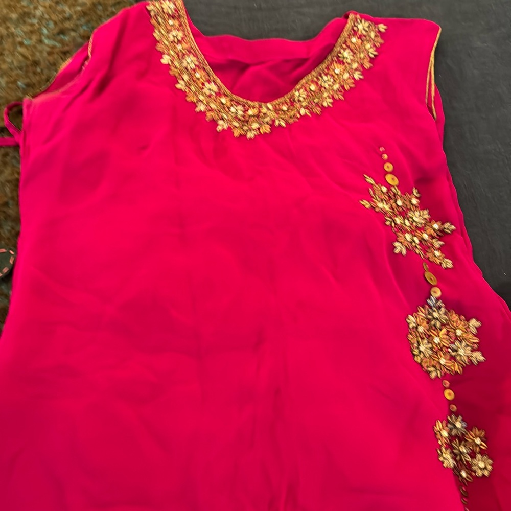 Deep pink salwar suit with drawstring pants- intricate beading - dupatta too